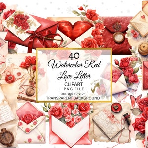 Imágenes prediseñadas de sobre rojo de acuarela, sobre de amor, corazón, archivos de sublimación, PNG de San Valentín antiguo, álbum de recortes, fabricación de tarjetas, arte de medios mixtos
