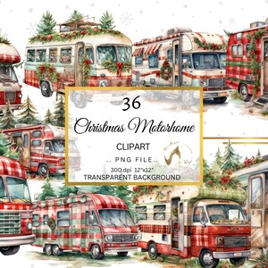 Pacchetto di clipart retrò per camper di Natale, camper vintage, illustrazione di campeggio ad acquerello, download digitale, clipart di Natale ad acquerello