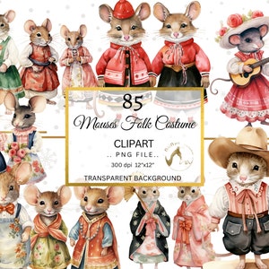 Watercolor Mice Couples in Folk Costumes, Watercolor Fairytale Mouse Clipart, Fantasy Mouse Clipart, Cute Pet Mouse Mice PNG, Commercial use