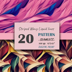 Puede incluir: Un patrón de impresión digital con 20 líneas líquidas onduladas rayadas en un diseño sin costuras. El patrón mide 30,48 cm por 30,48 cm y 300 dpi. Los colores del patrón son rosa, azul, rojo, amarillo, verde y marrón.