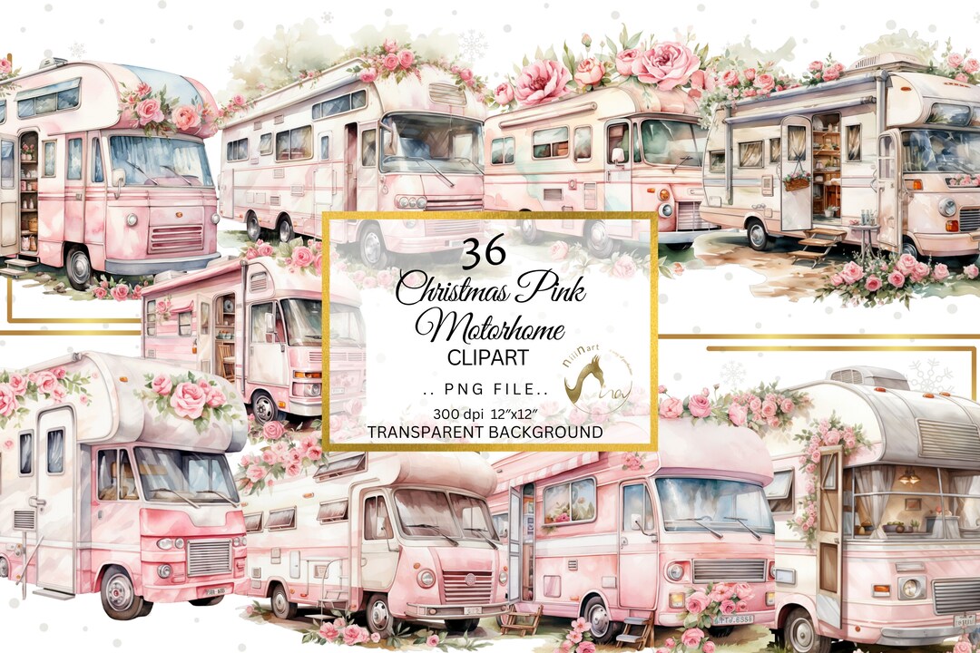 Floral RV Clipart Bundle, Pink Motorhome, Watercolor Illustrations ...