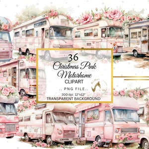 Floral Motorhome RV Retro Clipart Bundle, Vintage Pastel Camper, Watercolor Camping illustrations, Digital Download, Pink Clipart, feminine