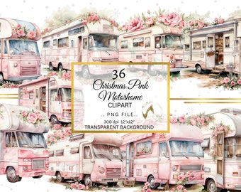 May include: 36 digital clipart images of pink motorhomes decorated with flowers and snowflakes. The motorhomes are on a transparent background. PNG file, 300 dpi, 12"x12".