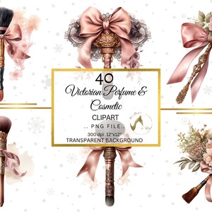 May include: A set of 40 Victorian-style perfume and cosmetic clipart images. The images feature brushes, bottles, and other items decorated with bows, flowers, and lace. The images are in PNG format and have a transparent background.