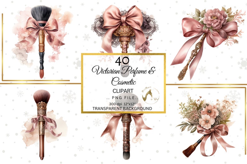 May include: A set of 40 Victorian-style perfume and cosmetic clipart images. The images feature brushes, bottles, and other items decorated with bows, flowers, and lace. The images are in PNG format and have a transparent background.