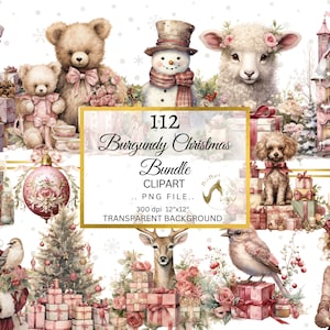 Pacchetto acquerello rosso Natale Clipart, PNG trasparente, clipart vacanze invernali, download digitale, scrapbooking per la creazione di cartoline, clipart retrò