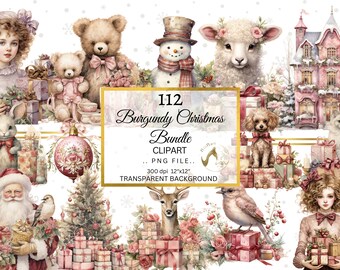 Red Christmas Watercolor Clipart Bundle, Winter Holiday PNG (Digital Download)