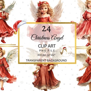 Aquarelle vintage Noël ange Clipart Bundle, Noël fille robe rouge, victorien, hiver, PNG, Junk Journal papier artisanat Scrapbooking