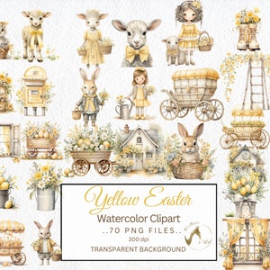 Bundle de pays ferme Pâques aquarelle Clipart PNG, Illustration de Pâques, carte journal indésirable, téléchargement numérique PNG rustique, clipart jaune