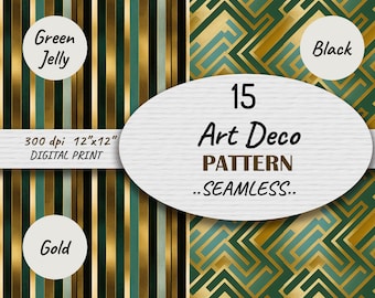 Teal and Gold Art Deco Patterns, Seamless Digital Paper (Digital Download)