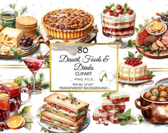 Watercolor Christmas Desserts Clipart Bundle, Foods and Drinks (PNG, Digital Download)