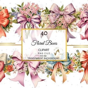 May include: Digital clipart featuring 40 floral bows in various colors, including coral, pink, and lavender, with floral arrangements. The image includes text that reads "40 Floral Bows" and "Clipart". The bows have a transparent background.