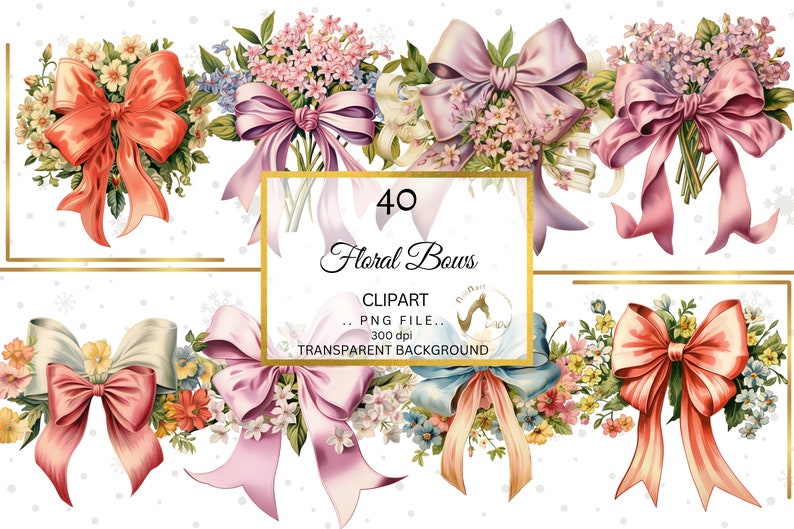 May include: Digital clipart featuring 40 floral bows in various colors, including coral, pink, and lavender, with floral arrangements. The image includes text that reads "40 Floral Bows" and "Clipart". The bows have a transparent background.