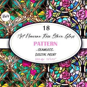 Diseño de papel de vidriera de rosa sin costuras Art Nouveau, patrón digital de flor de rosa, descarga digital única brillante vívida, uso comercial