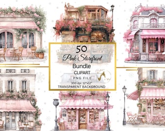 Pink Storefront Clipart Bundle, Pink Coffee shop clipart, Floral cafe clipart, Digital watercolor PNG, Storefront PNG, Commercial use png