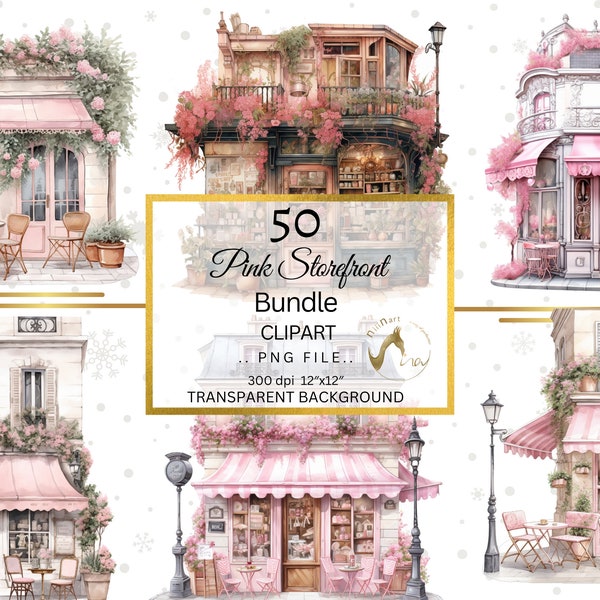Pink Storefront Clipart Bundle, Pink Coffee shop clipart, Floral cafe clipart, Digital watercolor PNG, Storefront PNG, Commercial use png