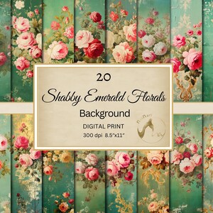 vintage Emerald Junk Journal Paper, Ornemental Gold Border, Floral Digital Scrapbook, Antique Green Floral Journal Paper Aged notebook paper