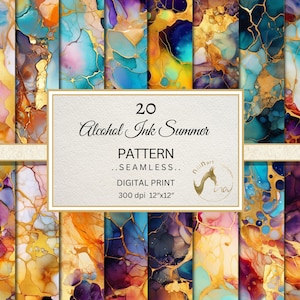 May include: 20 seamless digital alcohol ink patterns in a summer theme with gold accents. Each pattern is 12 inches by 12 inches and 300 dpi.