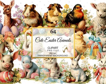 Vintage Easter Animals Clipart Bundle, Bunny, Birds PNG (Digital Download)