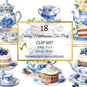 Może przedstawiać: Zestaw 18 cyfrowych obrazów clipart w stylu shabby chic z motywem śródziemnomorskiej herbaty. Obrazy przedstawiają filiżanki do herbaty, czajniki, ciasta i babeczki ozdobione niebieskimi i białymi wzorami kwiatowymi. Tło jest przezroczyste.