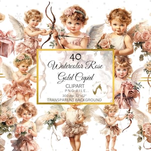 Op de afbeelding: 40 aquarel illustraties van roos-thema cherubs met gouden accenten. Elke cherub is afgebeeld met vleugels en houdt een roos, een boog en pijl of een geschenkdoos. De afbeeldingen hebben een transparante achtergrond.
