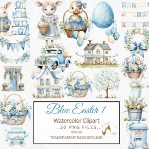 Land Bauernhaus Ostern Aquarell Clipart PNG Bundle, Ostern Illustration, Junk Journal Karte, Blau PNG Digital Download, Blau Clipart PNG