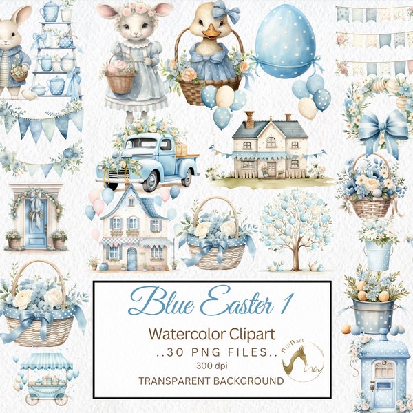 Country Farmhouse Easter Watercolor Clipart PNG Bundle, Easter Illustration, Junk Journal Card, Blue PNG Digital Download, Blue Clipart PNG