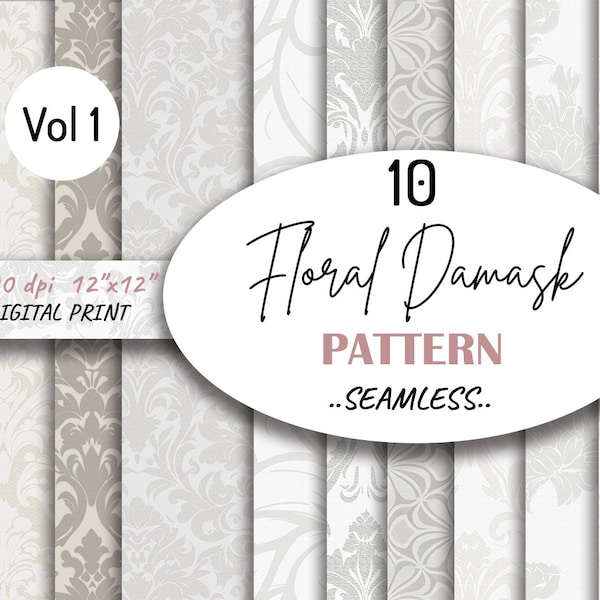 10 Seamless Floral Damask Digital pattern, Damask Fabric, Damask Flower paper, Vintage Damask Background, Neutral Wedding Texture, NiiiNart