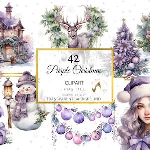 Aquarelle violet Noël Clipart PNG Bundle, violet hiver Noël carte Clipart, violet Noël, violet vacances, violet Noël png