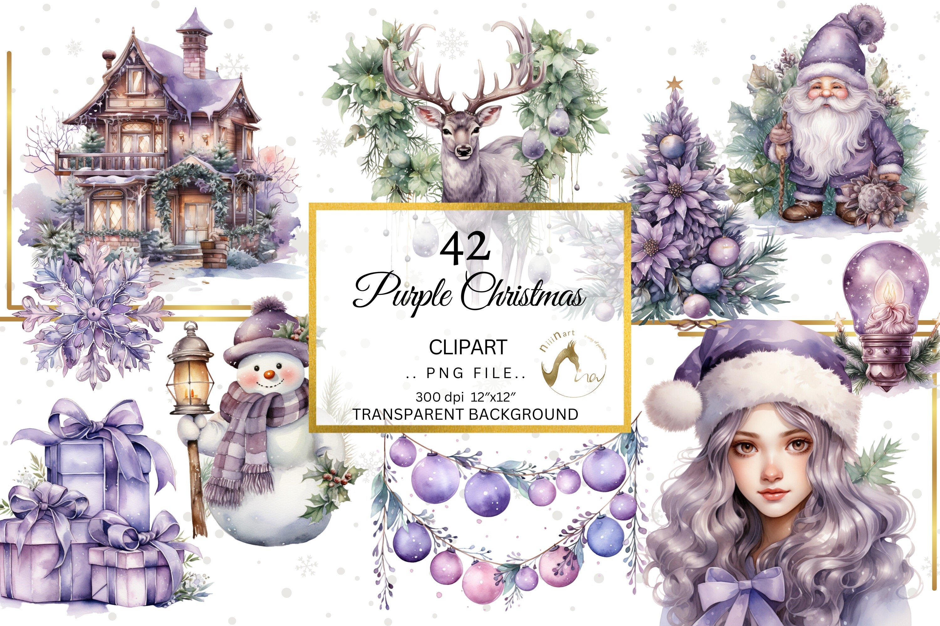 Watercolor Purple Christmas Clipart PNG Bundle, Purple Winter Christmas Card Clipart, Purple Christmas, Purple Holiday, Purple Xmas png