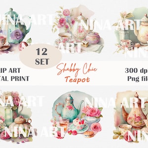 Clipart digitale shabby chic teiera, carte shabby chic, tea party, clipart floreale, clipart teiera, set da tè, cupcake, barattolo di biscotti, NiiiNart