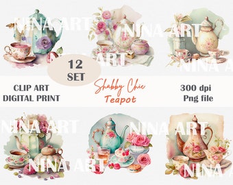Shabby Chic Teapot Clipart, Floral Tea Party Graphics (PNG, PDF)