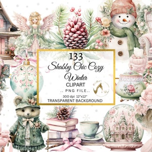 Aquarell gemütliche Winter Clipart PNG Bundle, Shabby Chic Winter Weihnachtskarte Clipart, Rosa Weihnachten, Grün Urlaub, Baby Rosa Weihnachten