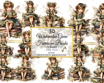 Watercolor Fairies on Books Clipart, Forest Fairy Clipart, Green Fairies Clipart, Printable Watercolor Clipart, High Quality PNGs, Clip Art