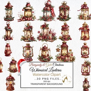 Watercolor Whimsical Christmas Lanterns Clipart, Christmas Lantern Watercolor Clipart, Lantern With Christmas Ornaments, Red & Gold Lanterns
