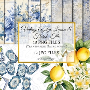 Shabby Blue Azulejo Watercolor Seamless paper Lemons Clipart and Tags Scrapbook Paper, Mediterranean Ceramic Tiles, Seamless Paper PNG&JPG