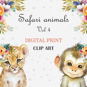 Africa safari Cheetah scimmia floreale Acquerello clipart di piccoli animali, ritratto di bambini Fiore, bambini carini, arte della scuola materna, baby-doccia, NiiiNart