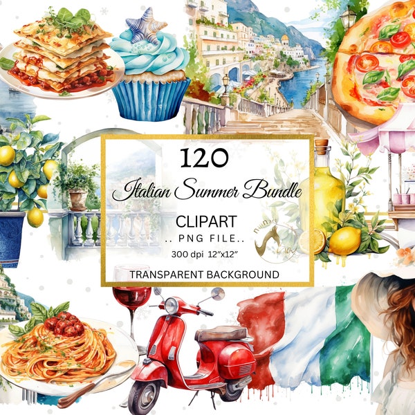 Watercolor Italian Summer Coast Clipart Bundle, Italian Food PNG, Amalfi Coast, Italy Landscape Vacation PNG Bundle, Mediterranean Clipart