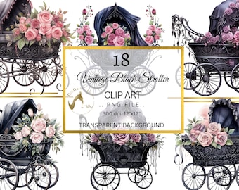 Watercolor Baby Stroller Clipart: Vintage Black Pram PNG (Digital Download)