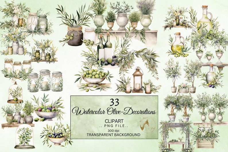 Watercolor Olive Decorations Clipart, Decor clipart, Wedding Clipart, White Candles Clipart, Wedding Centerpiece, White and Green Clipart image 1