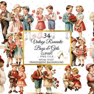 Vintage Romantic Boys and Girls Clipart, Retro Clipart, Floral Clipart, Valentine Couples PNG, Valentines CLipart, Couples in Love Clip art