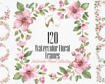 May include: A collection of 120 watercolor floral frames. The frames are made of pink and green flowers and leaves. The frames are perfect for adding a touch of elegance to your projects.