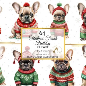 Aquarell Weihnachten French BullDog Clipart Bundle, Frenchies tragen Weihnachten Ugly Sweater, Weihnachtsgeschenke, Kartengestaltung, scrapbooking