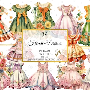 Floral Dresses Clipart bundle, Spring Dress Clip art, Country Dress Gown, Dress Clipart PNG, Card Making, Colorful Floral Dresses for Spring