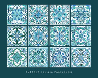 エメラルド＆ブルーのアズレージョタイルパターン、ポルトガルの