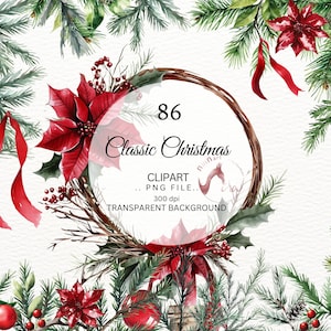Classic Christmas, Christmas clipart, Christmas tree, Watercolor Christmas, Christmas Wreath, Watercolor winter clipart, Winter greenery
