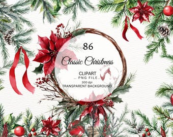 Watercolor Christmas Clipart, Winter Greenery PNG (Digital Download)