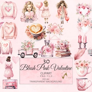 Imágenes prediseñadas de San Valentín de acuarela, Descarga digital, Camión de San Valentín de acuarela rosa, Corazón de café con leche, Libros apilados, Imágenes prediseñadas del planificador, Uso comercial