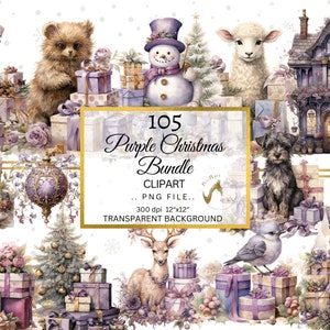 Noël Clipart Violet Aquarelle Violet Noël PNG Bundle Violet Noël Animaux PNG Bonhomme de neige Clipart Arbre de Noël Clipart Bundle