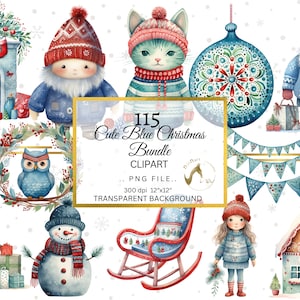 Watercolor Blue Christmas Clipart PNG Bundle, Blue Winter Christmas Card Clipart, Blue Christmas, Blue Holiday, Blue Christmas png, nursery
